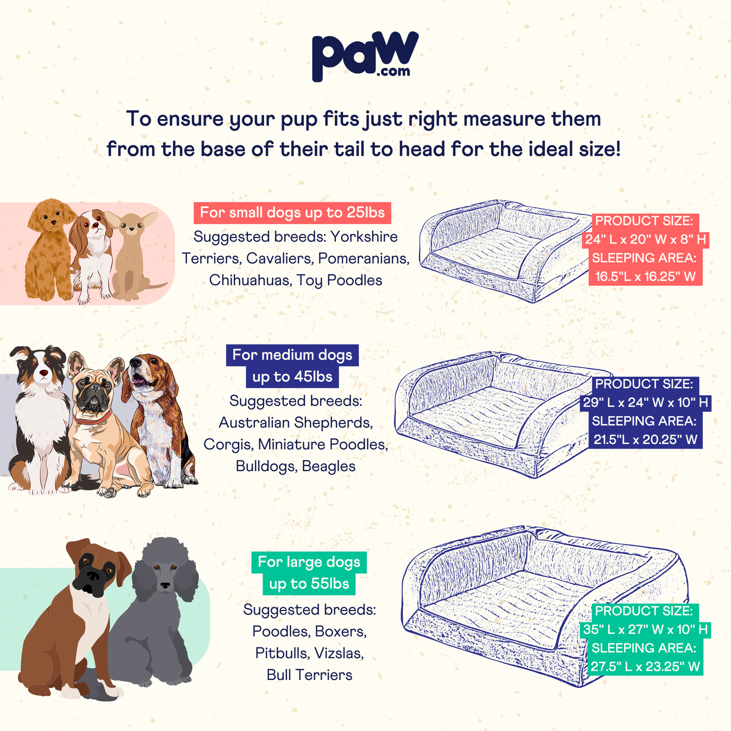 Chart showing dog bed sizes for small, medium, and large dogs with corresponding breeds and dimensions.