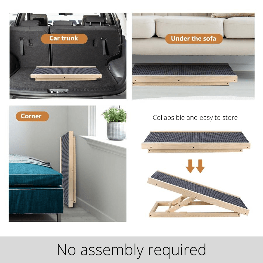Folded pet ramp stored in the car trunk, under the sofa and in the bedroom corner