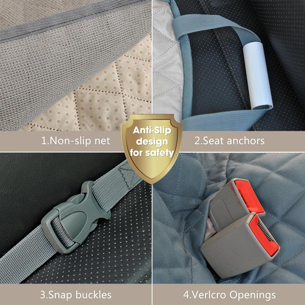 Dog Car Hammock featuring a non slip net, seat anchors, snap buckles and velcro openings
