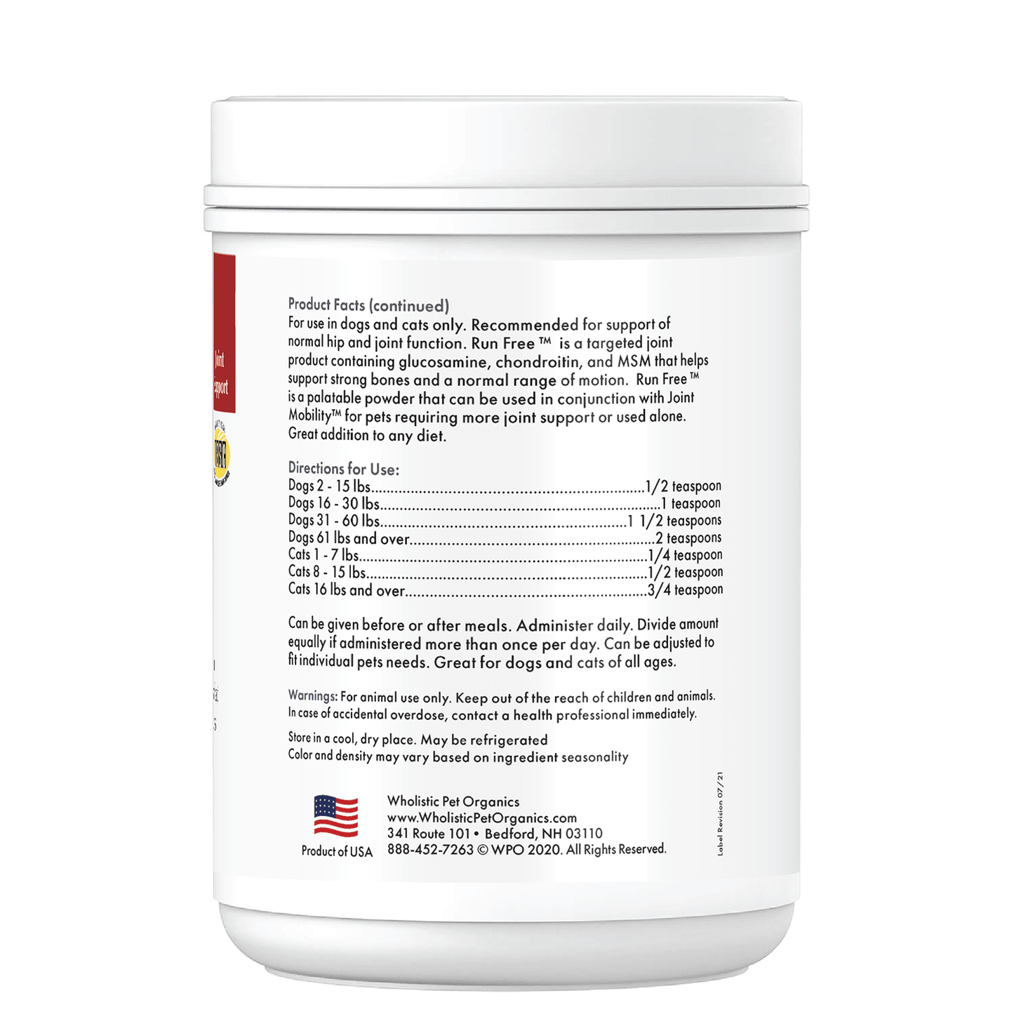 Wholistic Pet Organics Dog Supplement for Arthritis side of container