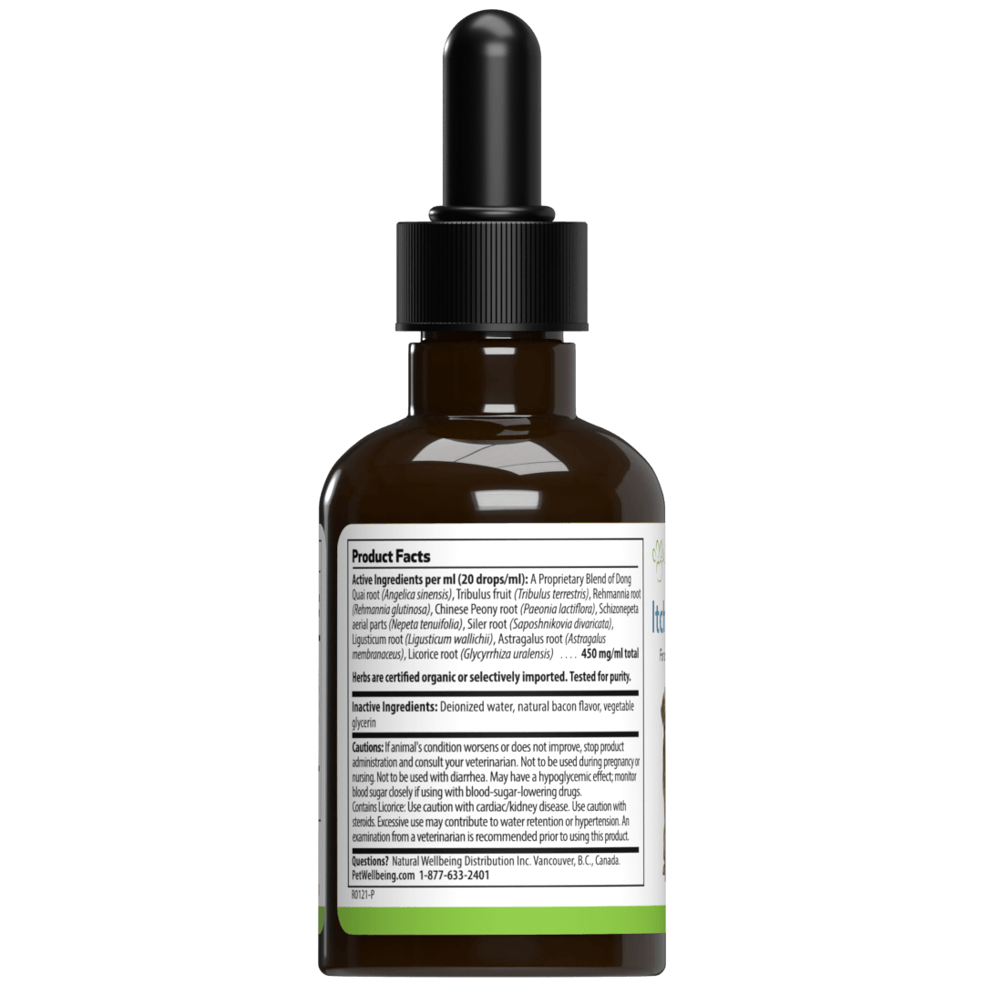 Pet Wellbeing Dog Supplement for Itchy Skin back of the bottle