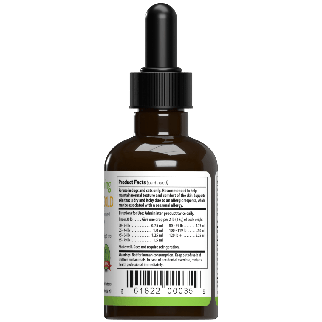 Pet Wellbeing Dog Supplement for Itchy Skin side of the bottle