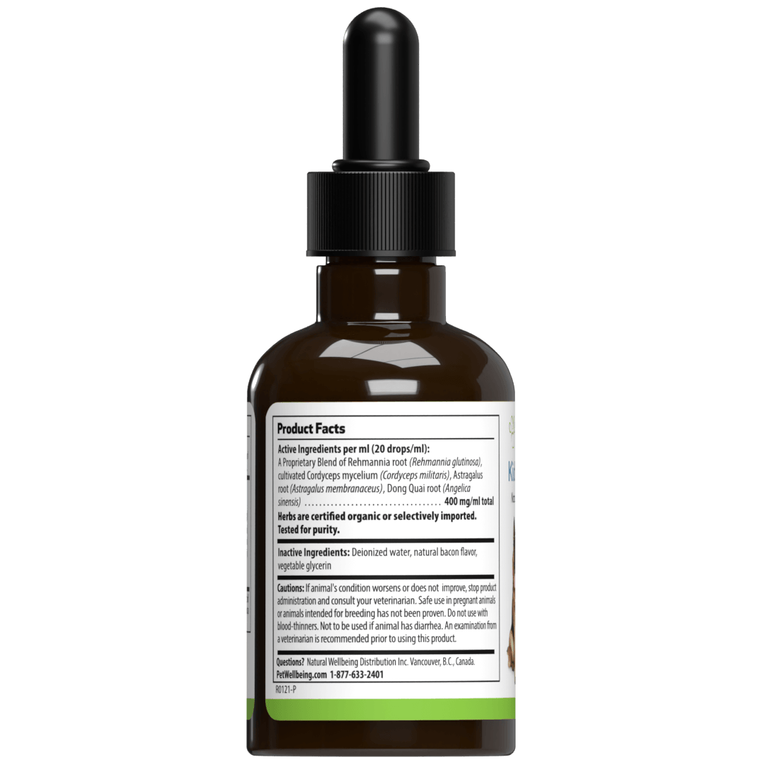 Pet Wellbeing Kidney Support Supplement for Dogs side of the bottle