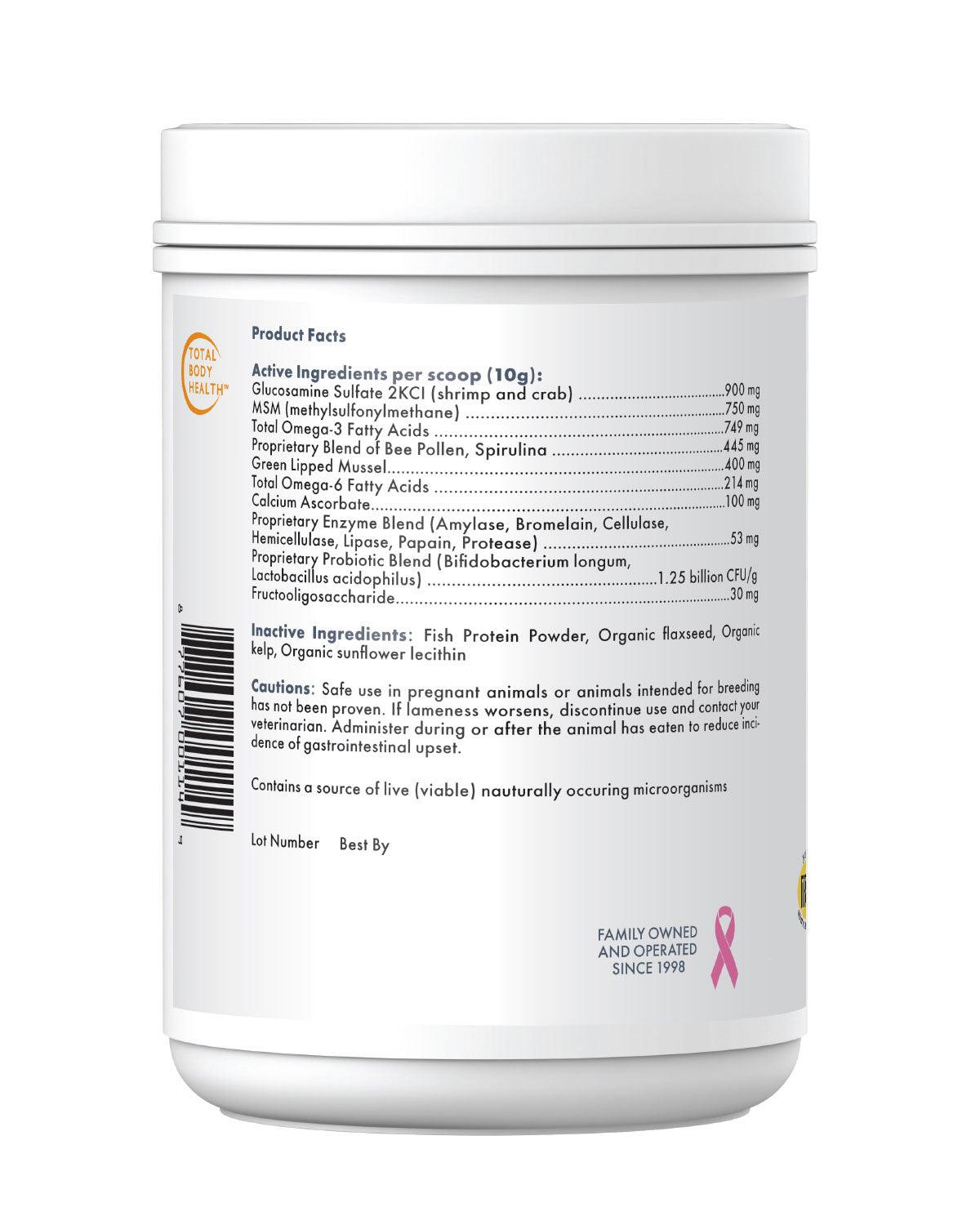 Wholistic Pet Organics Joint Mobility with Glucosamine and Green Lipped Mussel supplement for dogs back of container