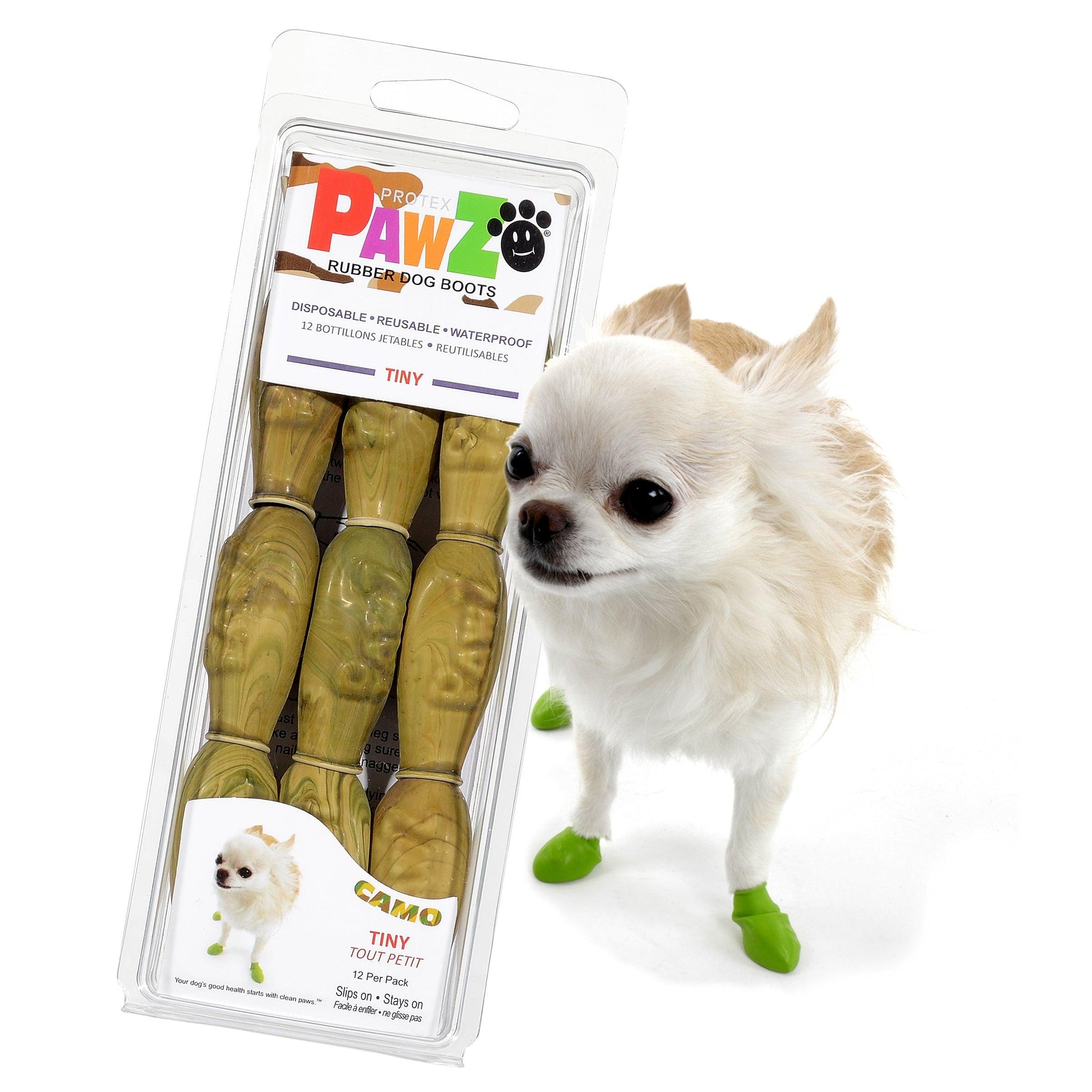 Chihuahua dog wearing Pawz tiny size dog boots in camo