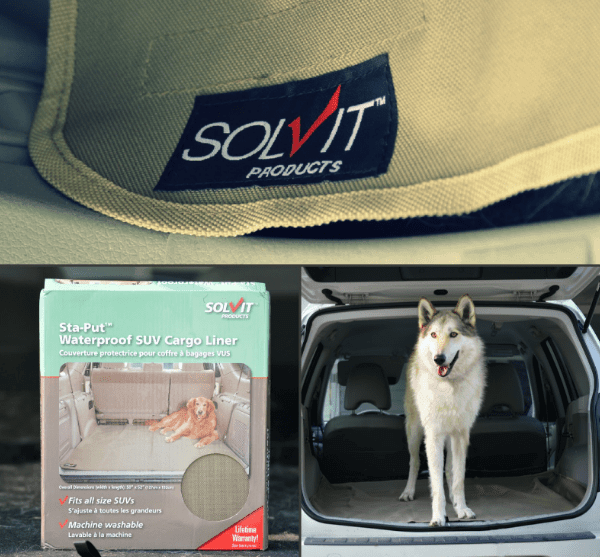 Dog SUV Cargo Liner Solvit Products and Husky dog standing in the back of a car