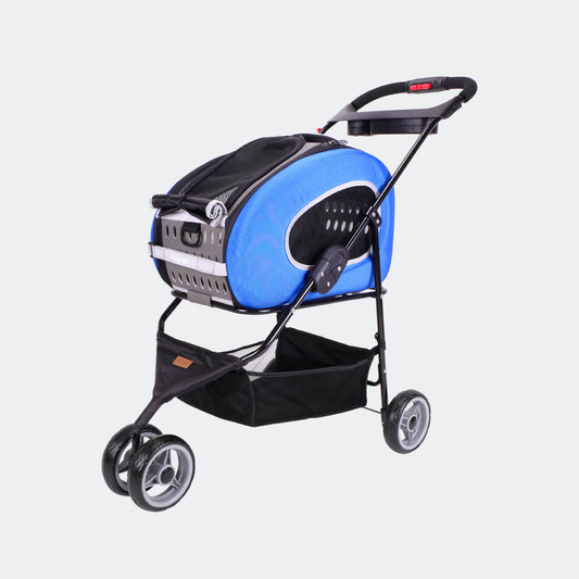 Pet stroller with blue pet carrier on a white background