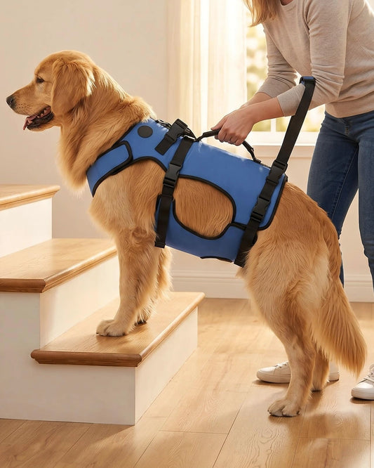 A golden retriever dog wearing a blue and black dog harness while standing on wooden stairs, with a person in a beige top and jeans holding the harness strap in a bright indoor room.