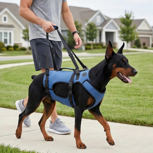 A Doberman dog wearing a blue and black dog harness walks on a sidewalk next to a person in a gray t-shirt and shorts, with a suburban lawn and houses in the background.
