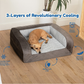 Dog lying on a gray cooling pad with text highlighting '3-Layers of Revolutionary Cooling' in a home setting.