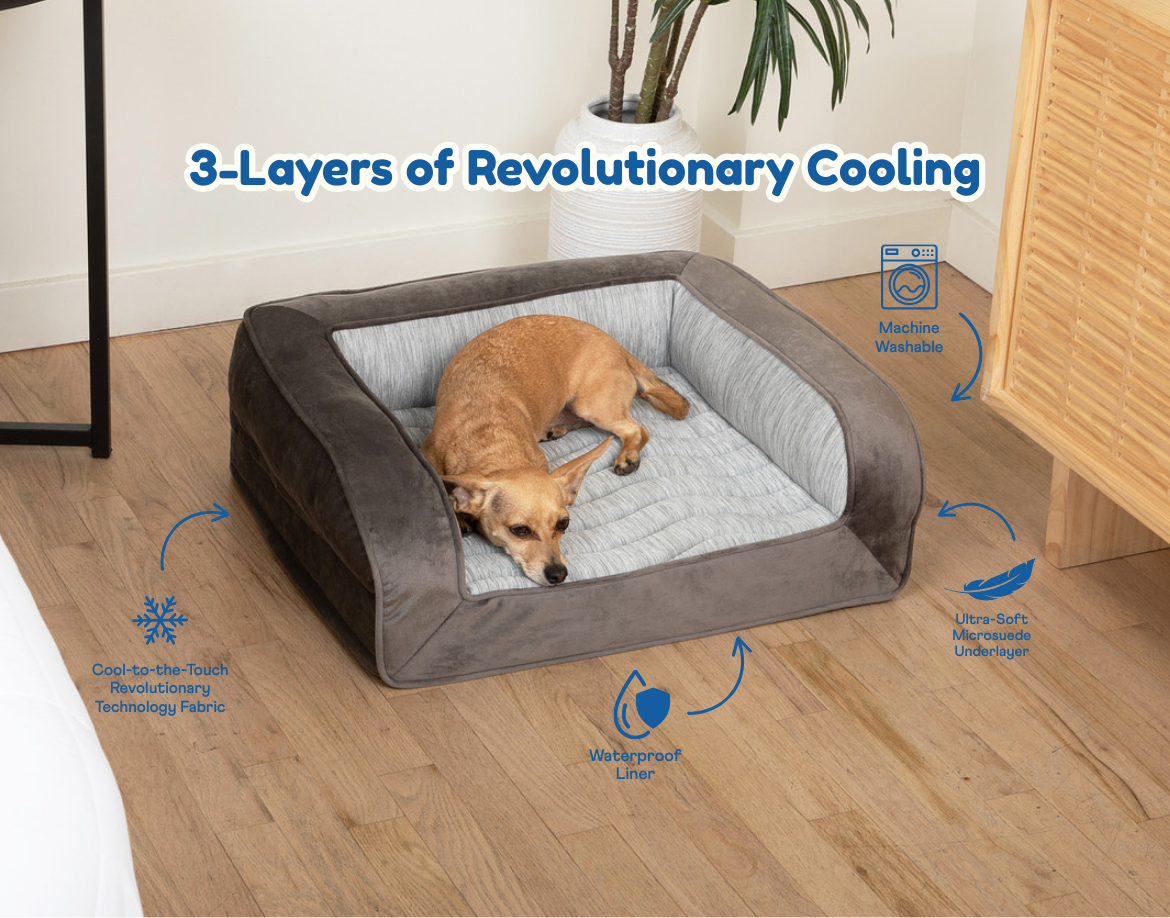 Dog lying on a gray cooling pad with text highlighting '3-Layers of Revolutionary Cooling' in a home setting.