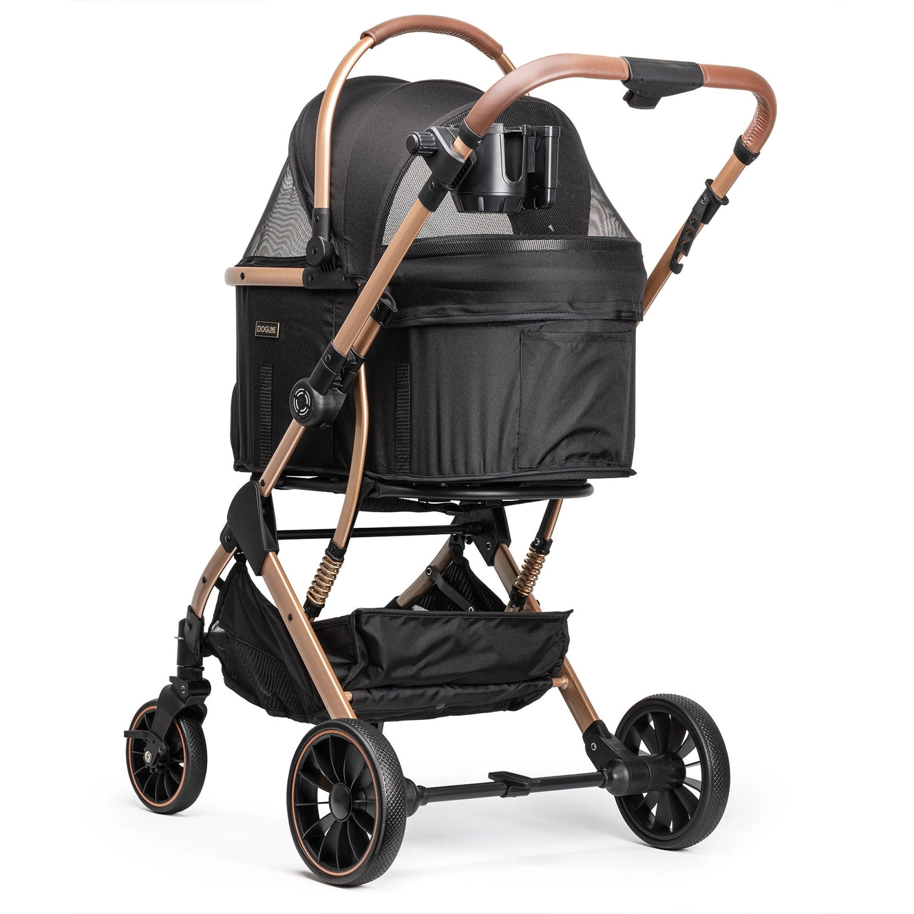 Black and brown stroller on a white background