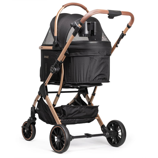 Black and brown stroller on a white background
