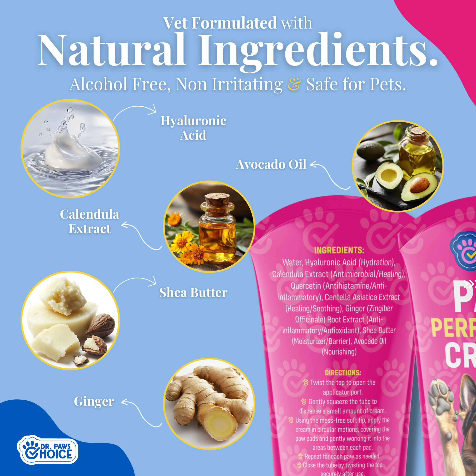 Product packaging with natural ingredients listed on a blue background