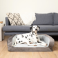Dalmatian dog lying on a gray pet bed in a living room.