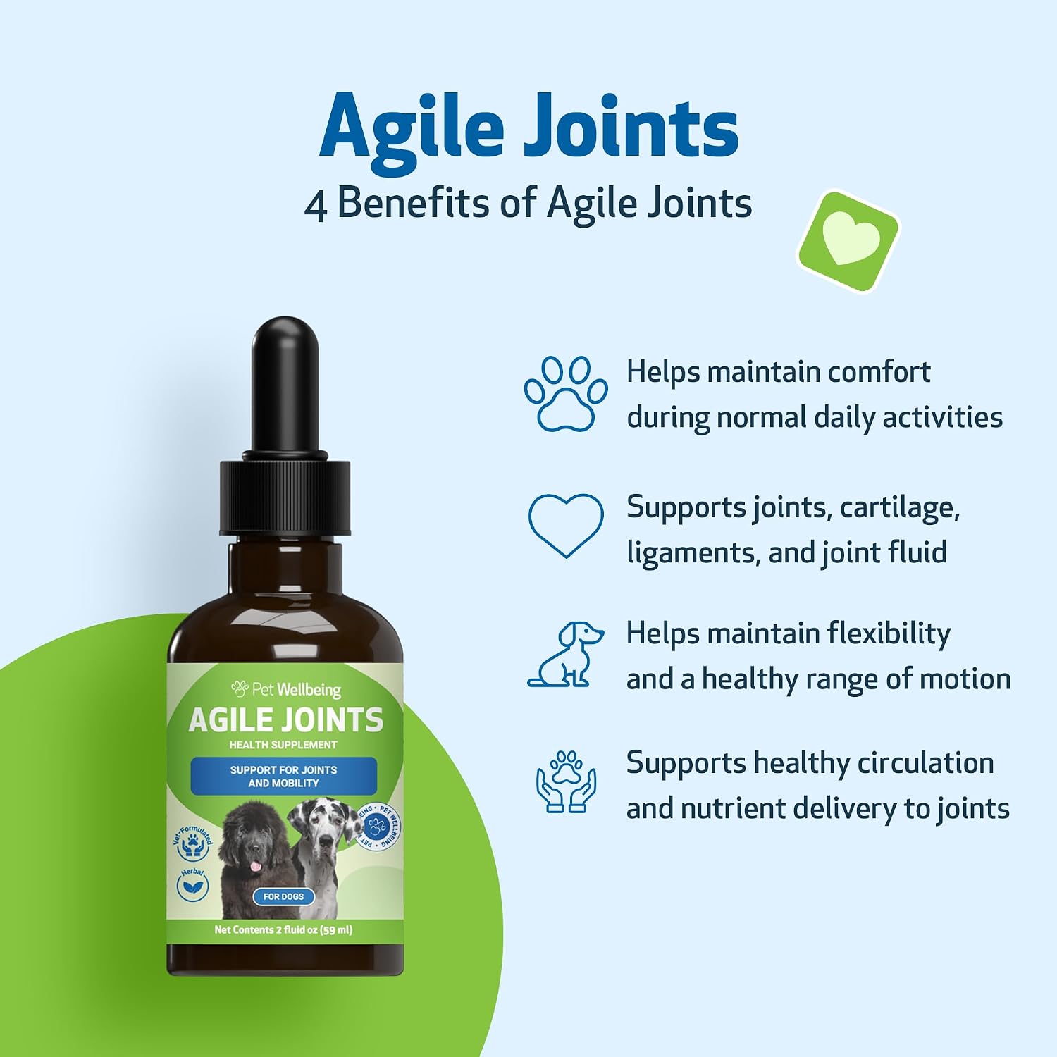 Bottle of Agile Joints supplement with benefits listed on a light blue background