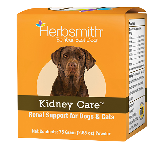 Herbsmith Kidney Care supplement packaging for dogs and cats with a brown dog on an orange background.