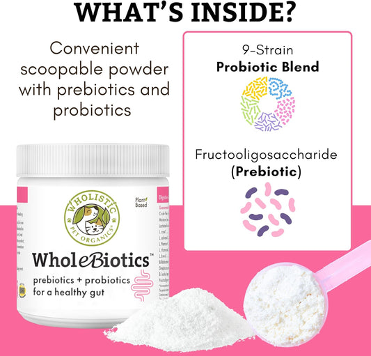 A promotional product graphic for WholeBiotics prebiotics and probiotics powder. A white jar labeled WholeBiotics is shown on a bright pink background, with a scoop of white powder and a pile of powder in front.