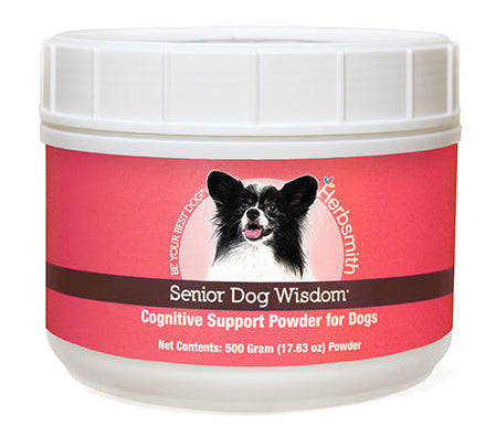 A white plastic jar of Senior Dog Wisdom Cognitive Support Powder for Dogs with a pink label and a black and white dog photo, shown on a white background with a blue 'New' banner in the top-left corner.