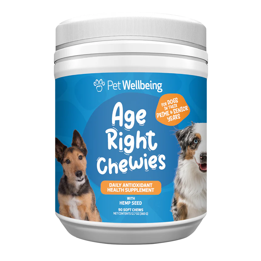 Pet Wellbeing Age Right Chewies supplement container on a white background