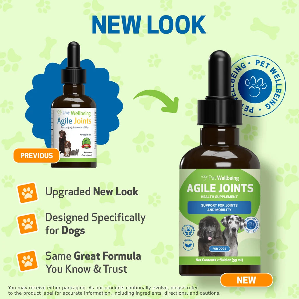 Bottle of Agile Joints health supplement for dogs with 'Pet Wellbeing' branding on a green background.