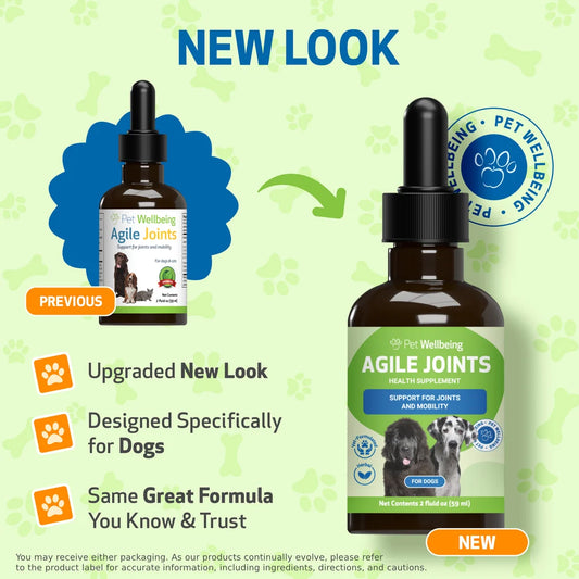 Bottle of Agile Joints health supplement for dogs with 'Pet Wellbeing' branding on a green background.