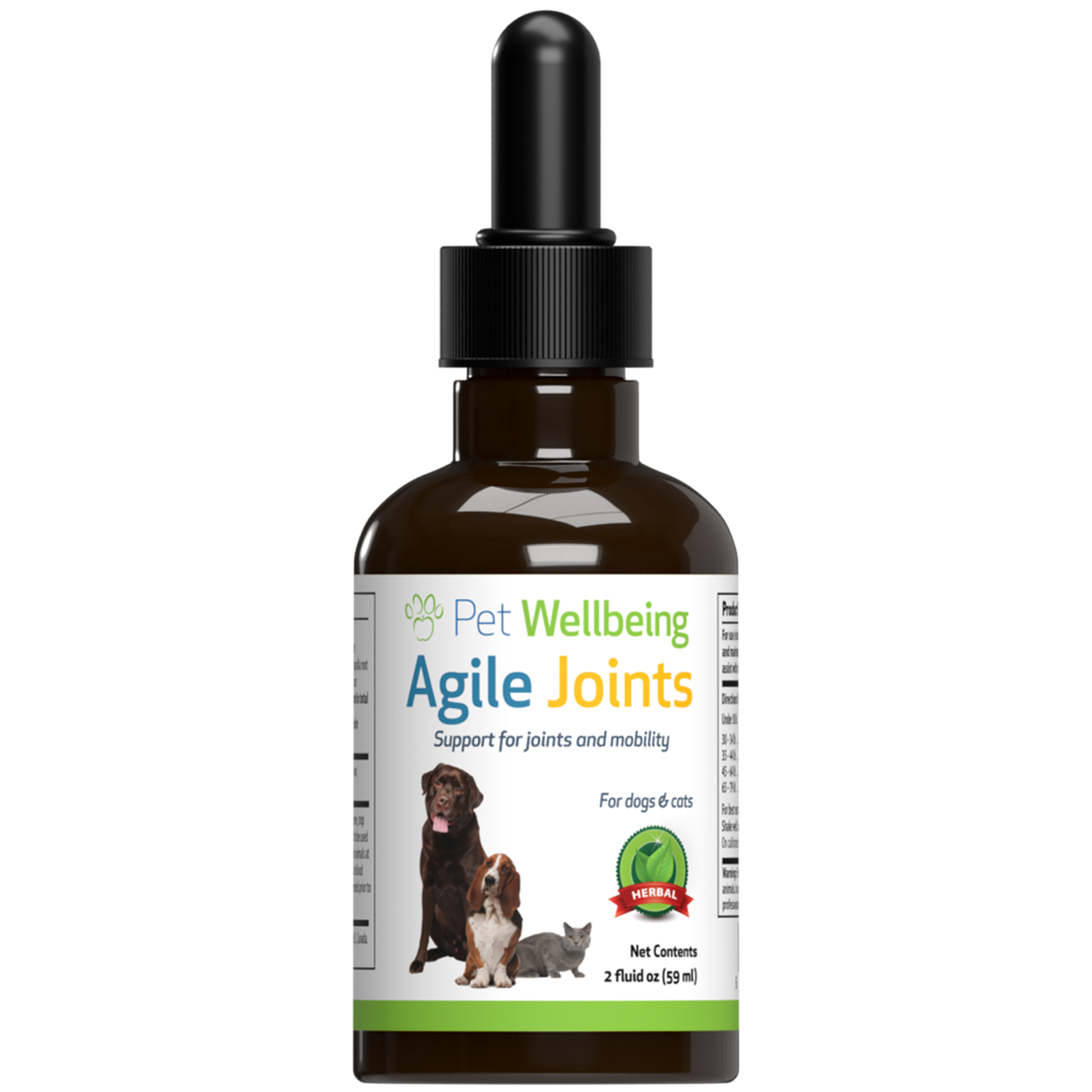 Bottle of Pet Wellbeing Agile Joints supplement for dogs and cats on a white background