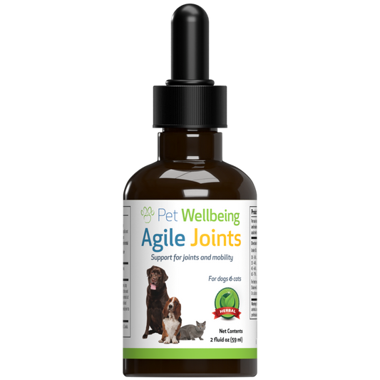 Bottle of Pet Wellbeing Agile Joints supplement for dogs and cats on a white background