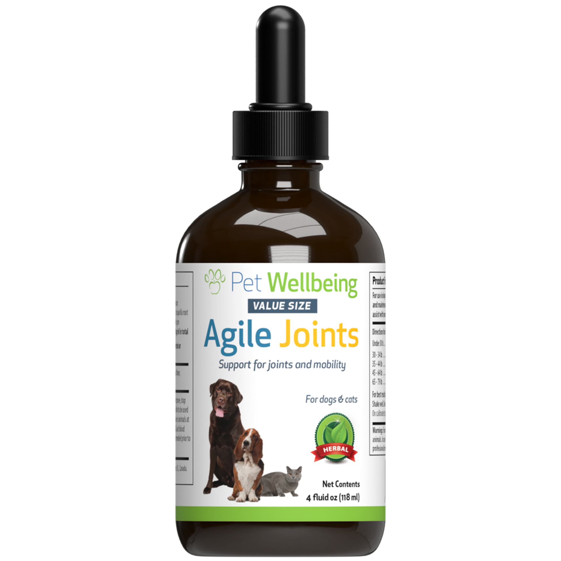 Bottle of Pet Wellbeing Agile Joints supplement for dogs and cats on a white background