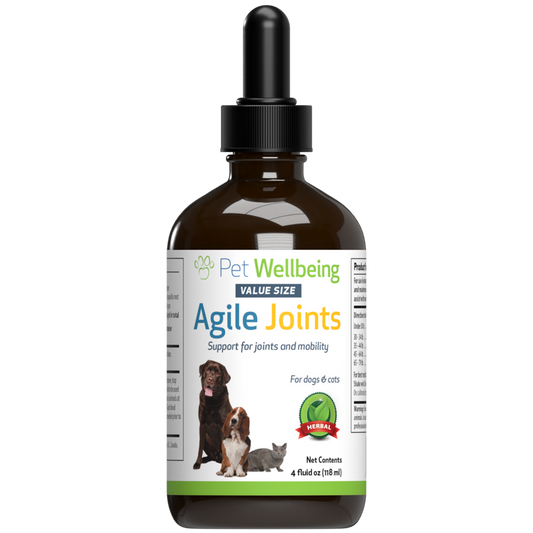 Bottle of Pet Wellbeing Agile Joints supplement for dogs and cats on a white background