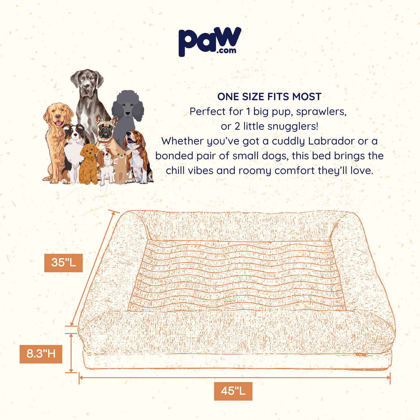 Dog bed advertisement with dimensions and a group of dogs on a beige background.