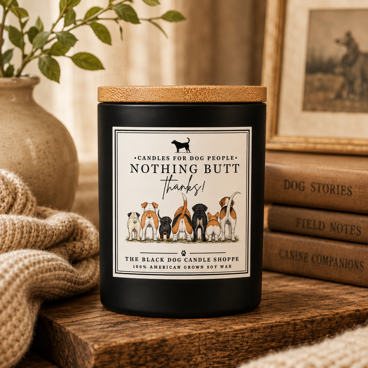A black scented candle jar with a natural wood lid sits on a wooden table in a cozy styled setting. The front label reads 'NOTHING BUT THANKS!' and shows several dog illustrations, with the brand 'The Black Dog Candle Shoppe' visible.