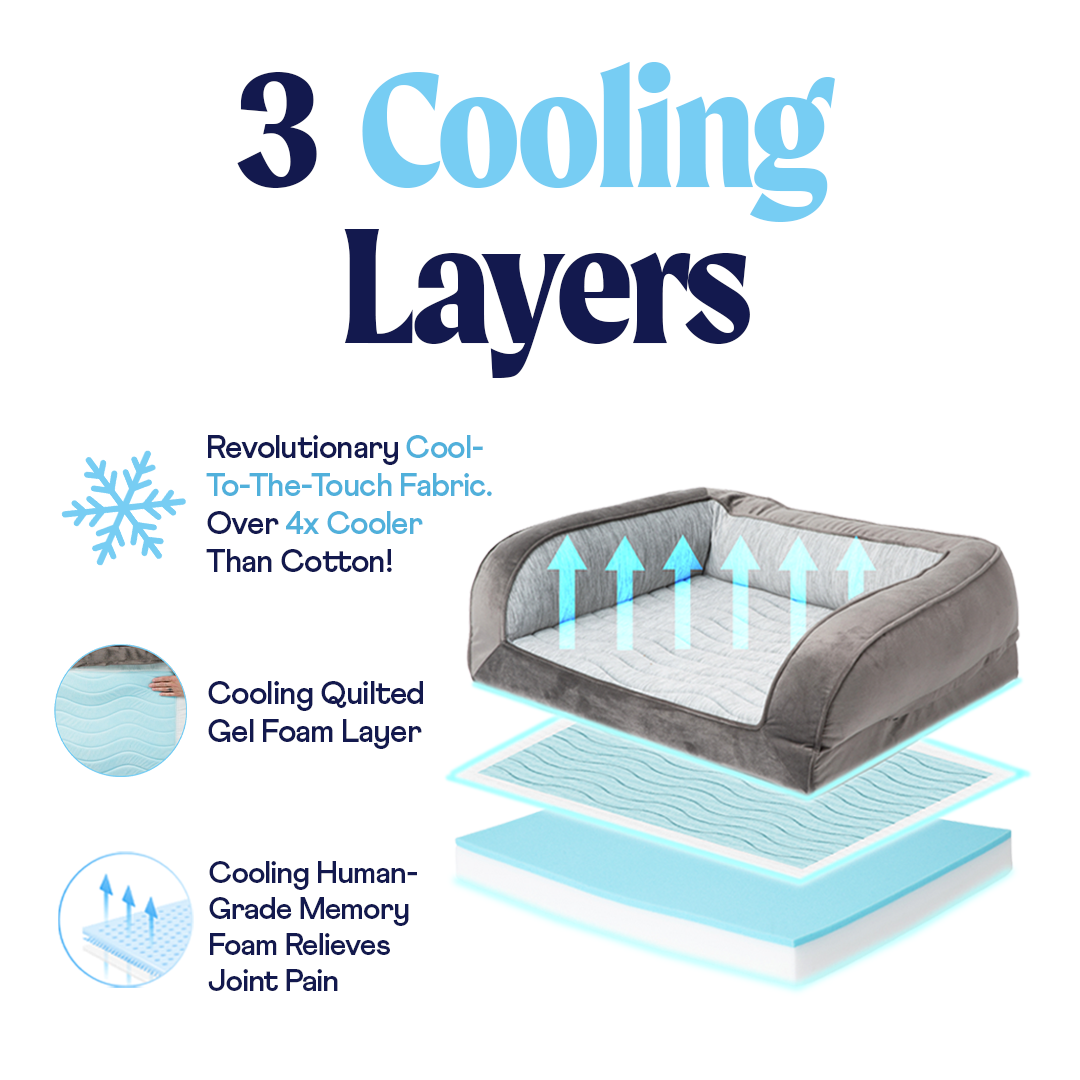 Dog bed with cooling layers and text highlighting features on a white background