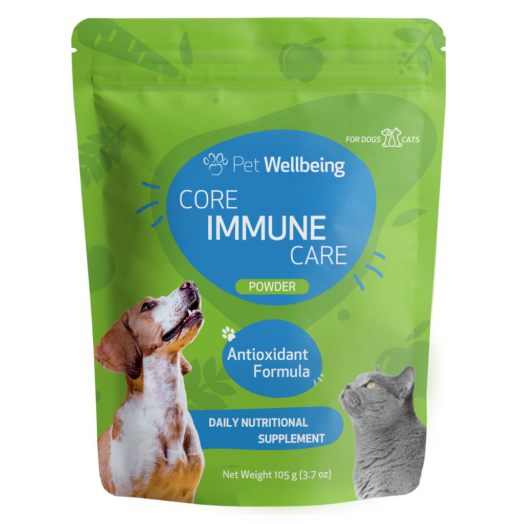 Green package of Pet Wellbeing Core Immune Care Powder for dogs and cats on a white background