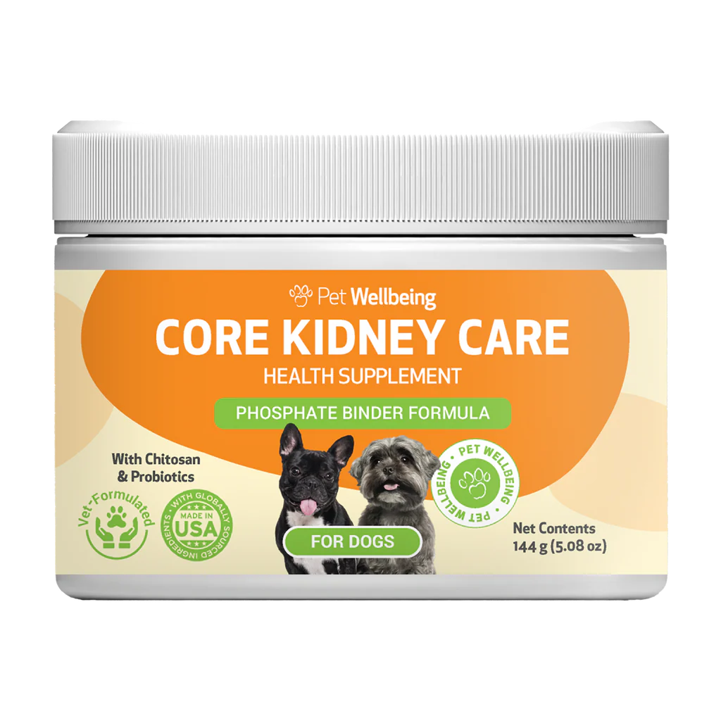 Pet wellbeing core kidney care health supplement for dogs on a white background