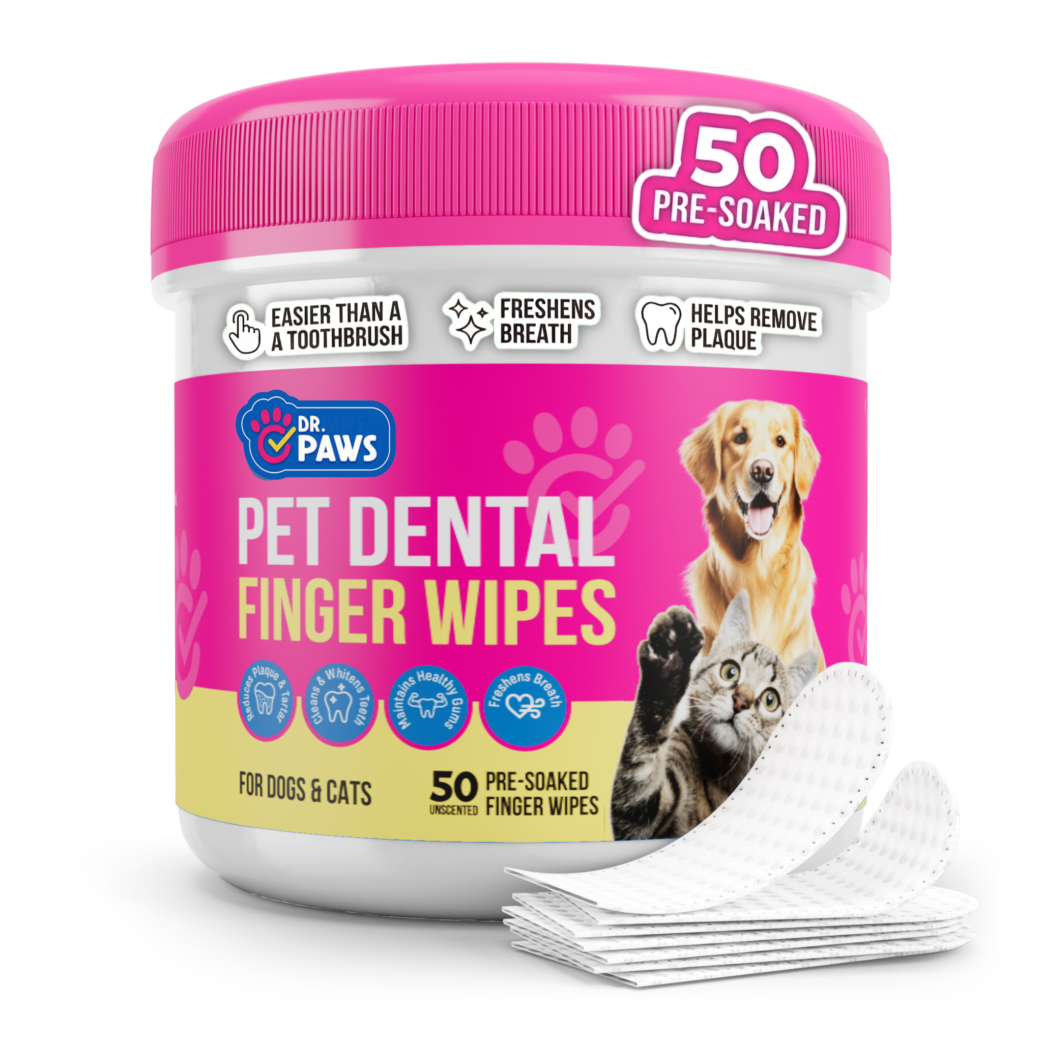 A tub of Dr. Paws Pet Dental Finger Wipes with a bright pink lid and label, shown on a white background with several white pre-soaked finger wipes fanned out in front.