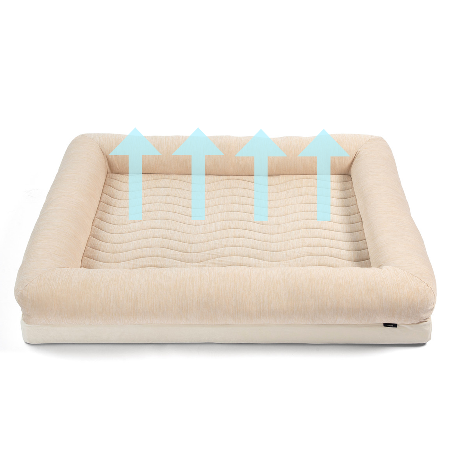 Beige pet bed with blue arrows indicating air circulation on a white background