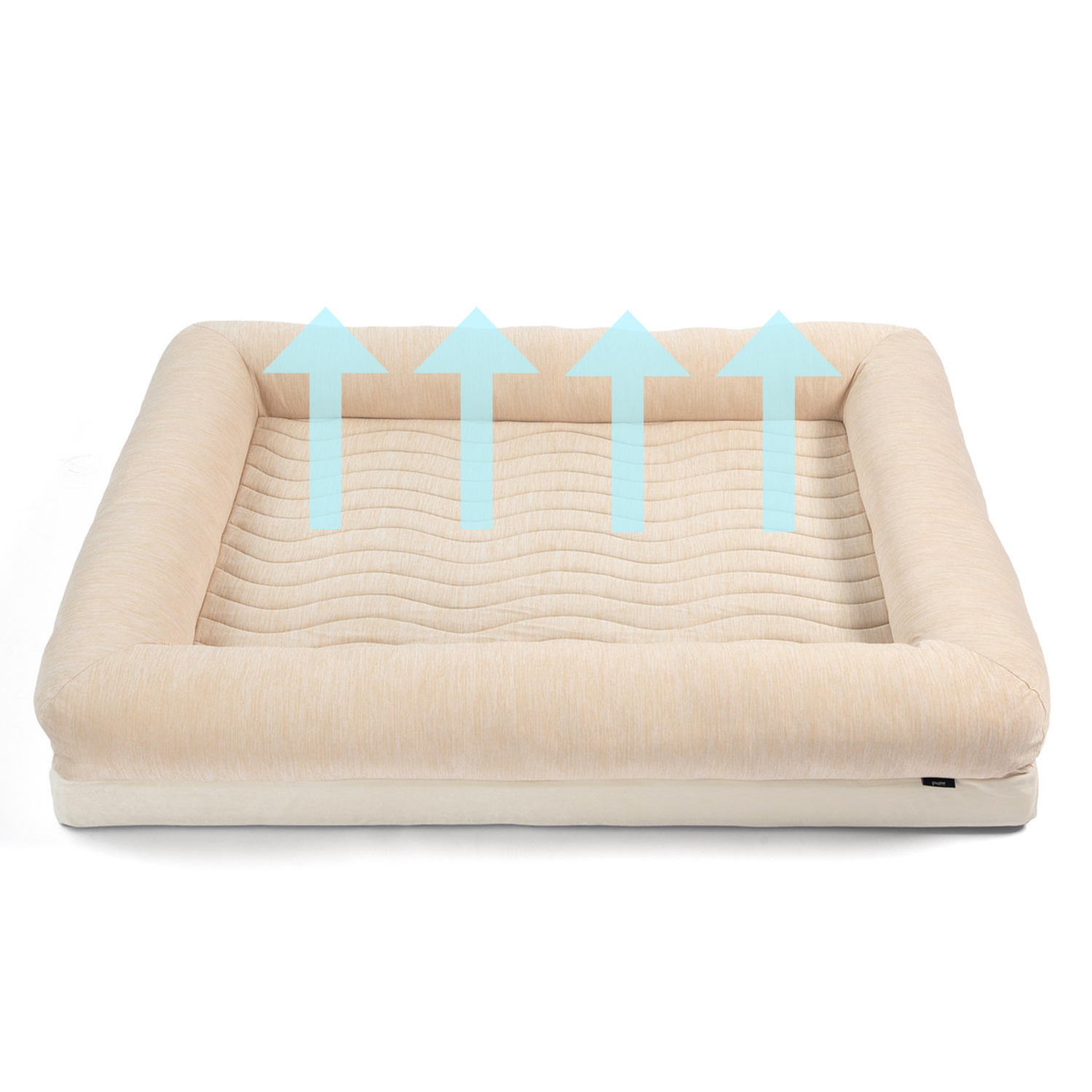 Beige pet bed with blue arrows indicating air circulation on a white background