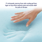 Hand pressing into a blue orthopedic memory foam pad with text about its benefits.