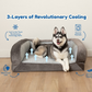 Dog lying on a gray pet bed with cooling features highlighted