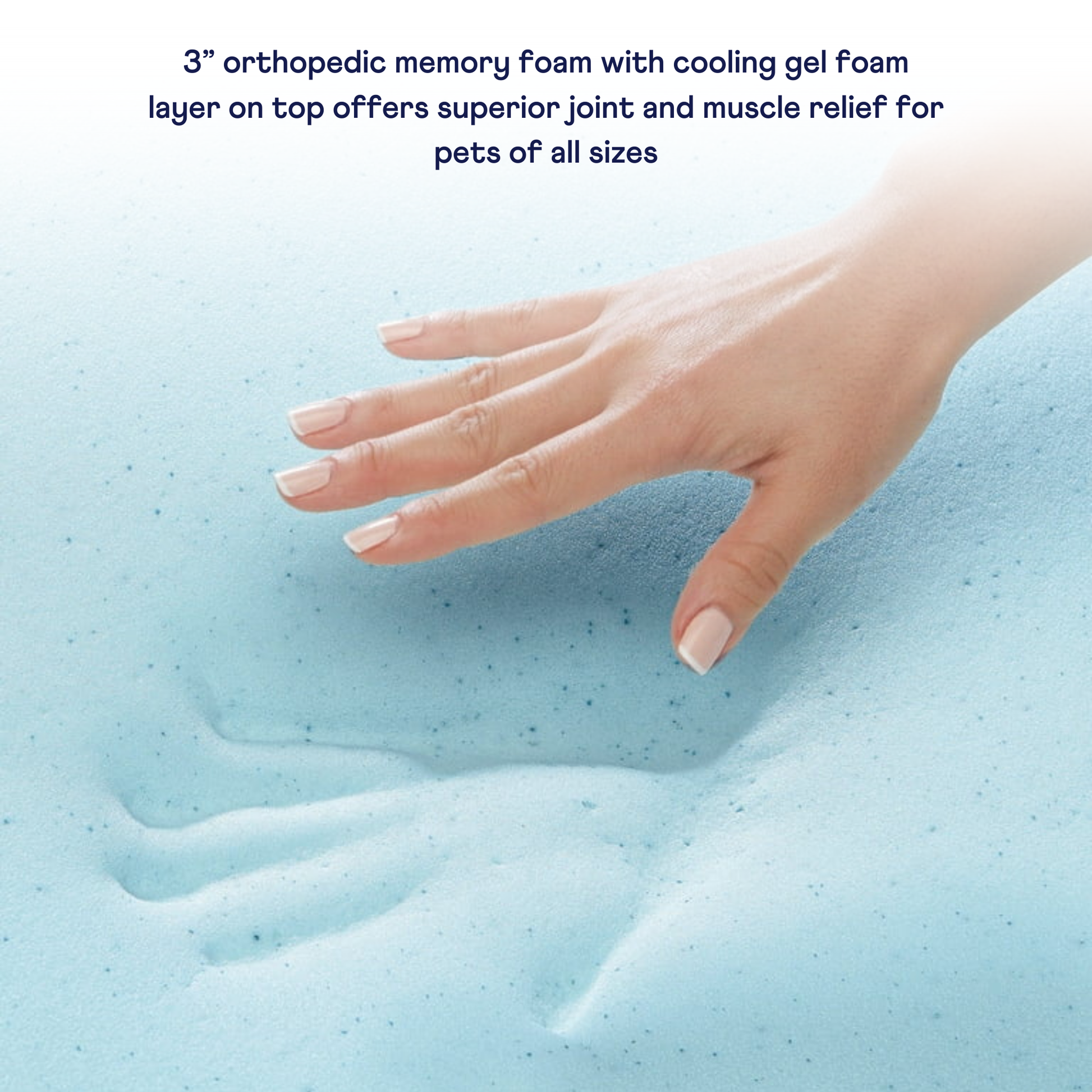 Hand pressing into a blue orthopedic memory foam pad with text about its benefits.