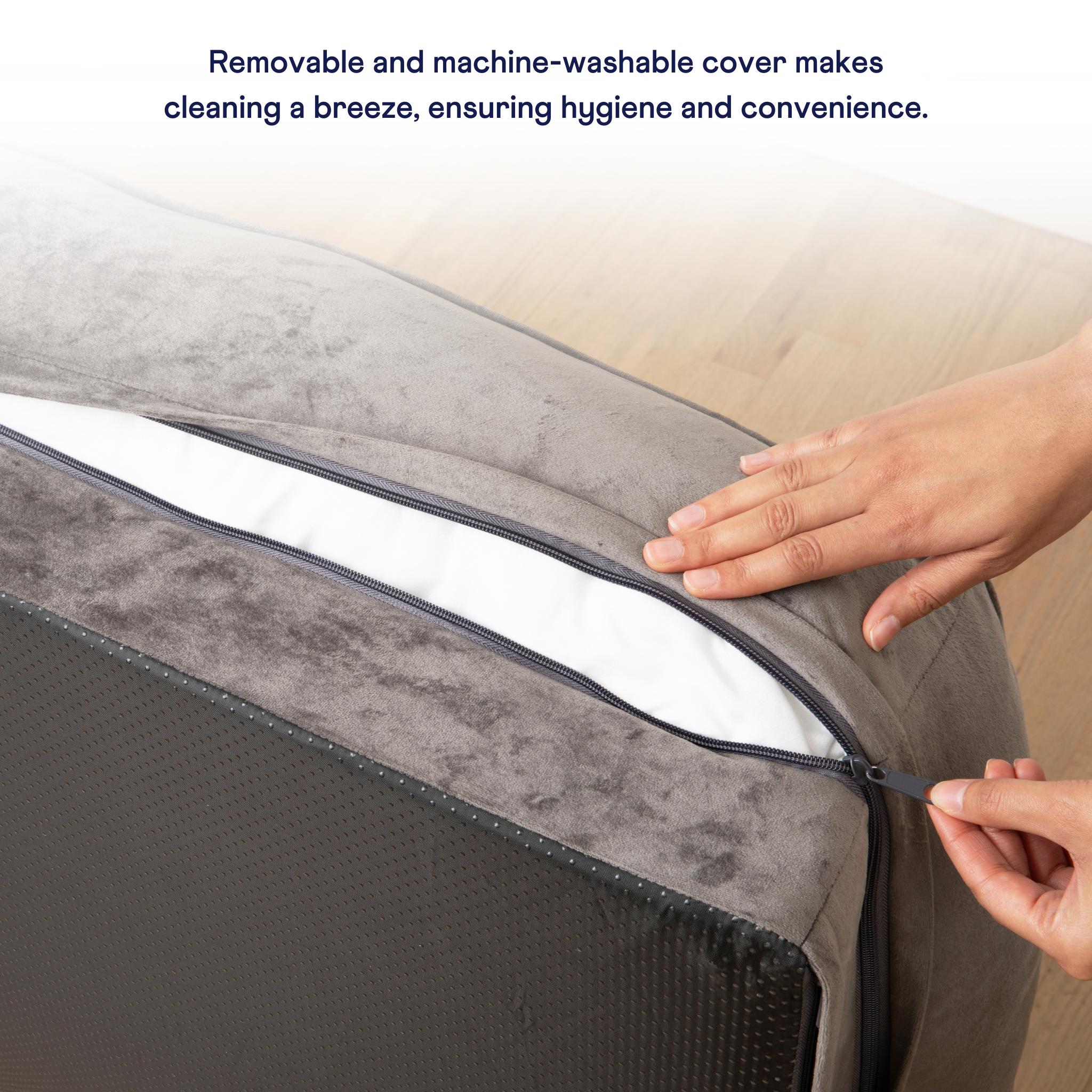 Person zipping up a gray mattress cover with text about its hygienic and convenient features.