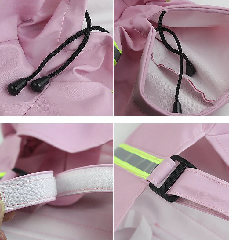 Close-up of pink jacket with black drawstring and reflective strip on a white background