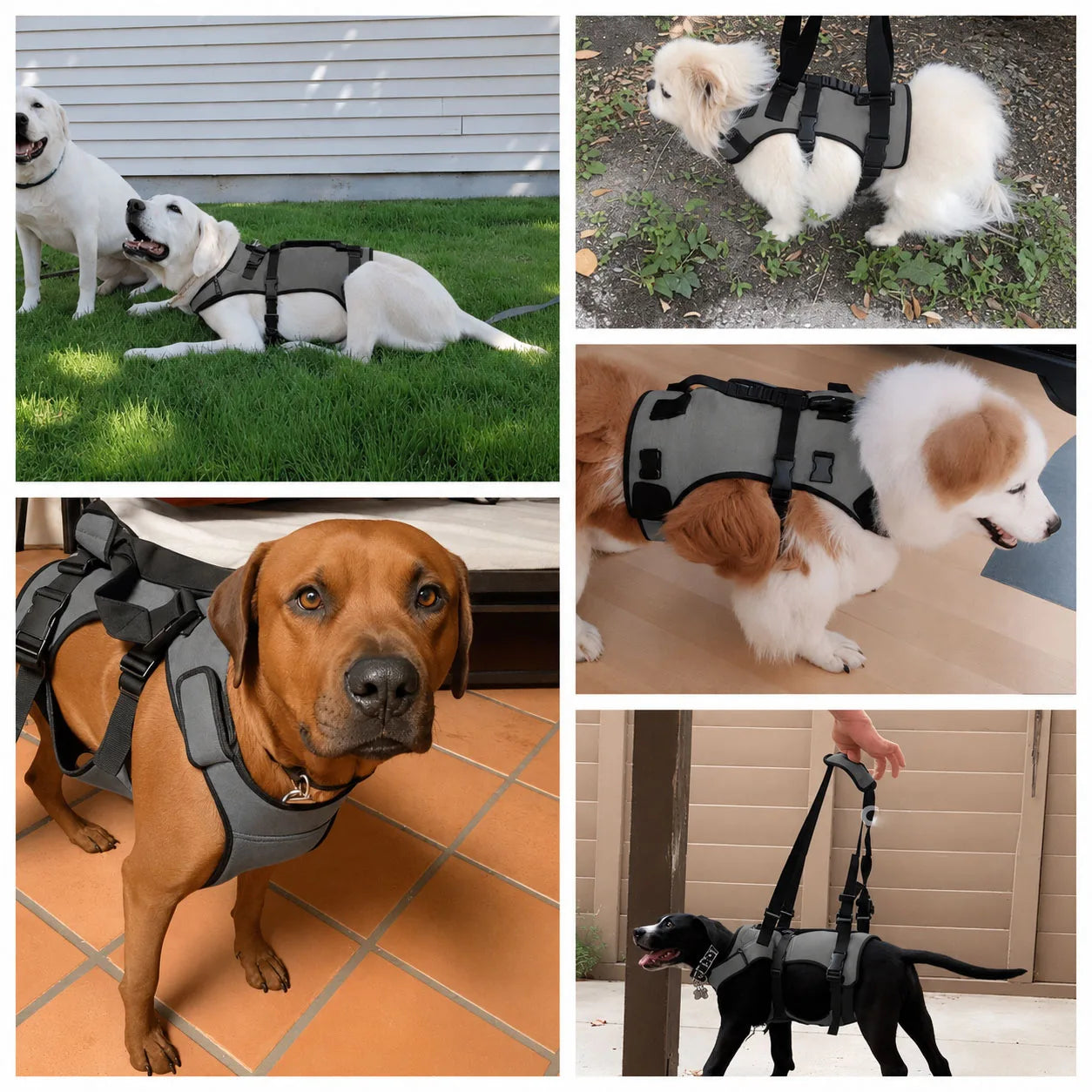 A six-panel collage showing dogs wearing a gray and black dog harness in different settings: two dogs on grass, one on a tiled floor, one outdoors on dirt, one indoors, and one being led by a person.