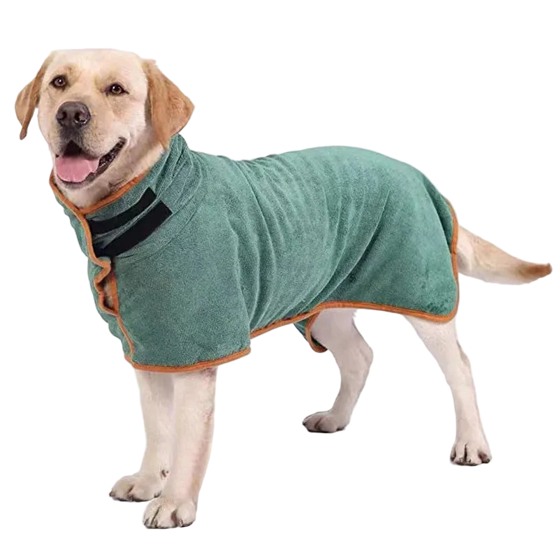 A dog wearing a green bathrobe with orange trim. A close-up of the material is also shown, demonstrating the velcro closure and the soft, absorbent fabric.