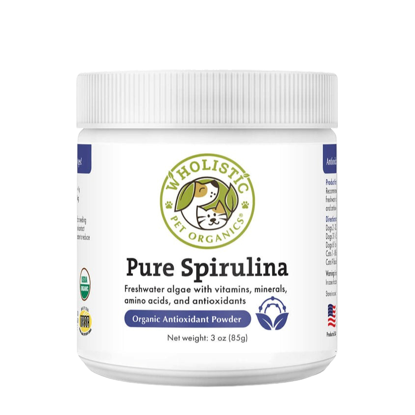 Container of Pure Spirulina powder with a white background