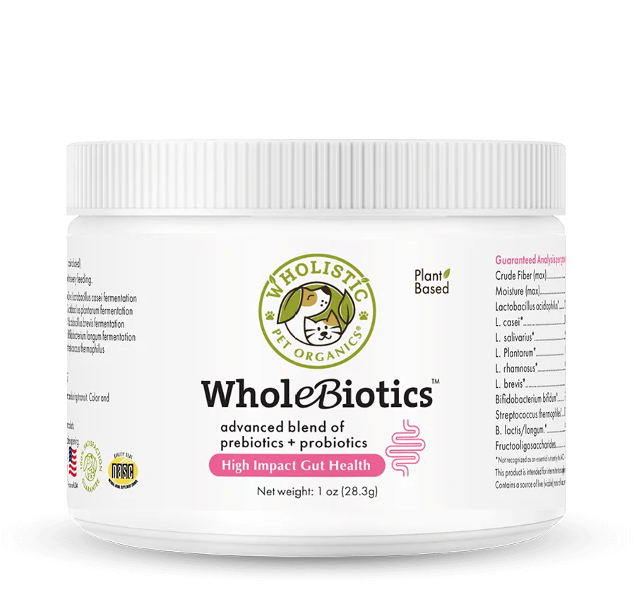 A white plastic tub of WholeBiotics Advanced Blend of probiotics + prebiotics High Impact Goat Milk powder, shown on a clean white background with a soft shadow.