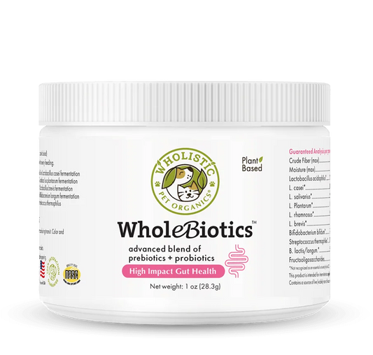 A white plastic tub of WholeBiotics Advanced Blend of probiotics + prebiotics High Impact Goat Milk powder, shown on a clean white background with a soft shadow.