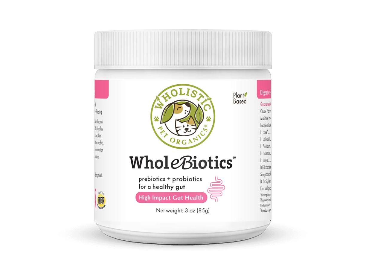 A white plastic jar of WholeBiotics Pet Organics prebiotics and probiotics for a healthy gut, shown on a clean white background with a soft shadow.