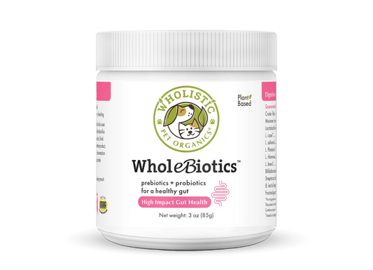 A white plastic jar of WholeBiotics Pet Organics prebiotics and probiotics for a healthy gut, shown on a clean white background with a soft shadow.